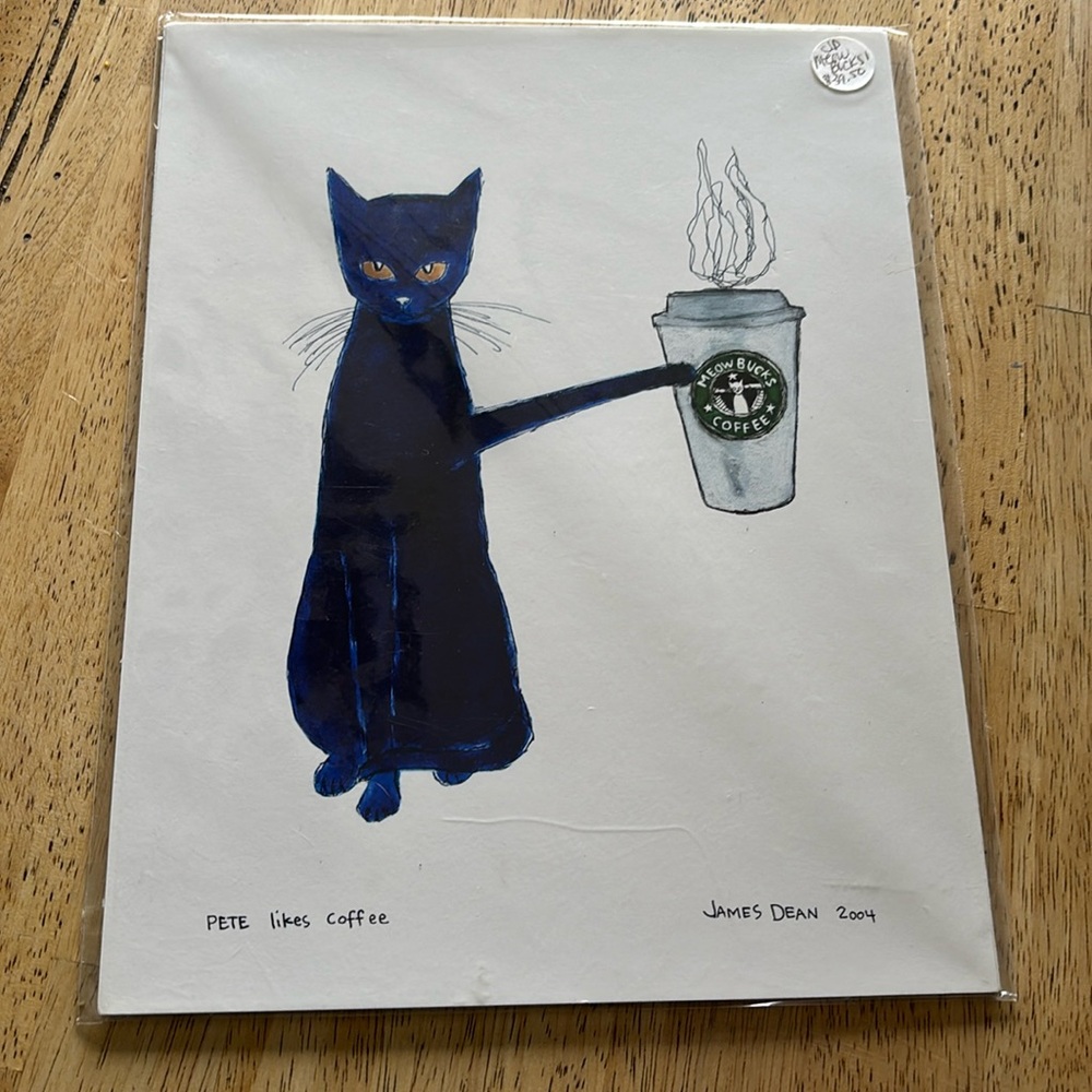 RARE 2004 Pete the Cat "Pete Likes Coffee" "Meow Bucks" Coffee Print